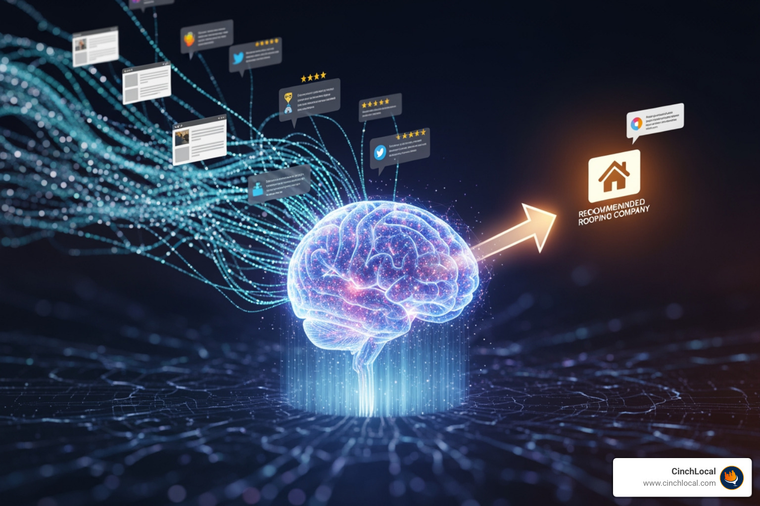 diagram showing information from a website, reviews, and social media feeding into an AI brain that then recommends a roofing company - what is generative engine optimization or geo