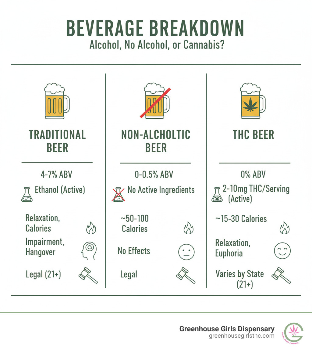 infographic comparing three beverage types: traditional alcoholic beer with 4-7% ABV and ethanol as active ingredient, non-alcoholic beer with 0-0.5% ABV and no active ingredients, and THC beer with 0% ABV and 2-10mg THC per serving as active ingredient, showing key differences in calories, effects, and legal status - thc beer infographic 
