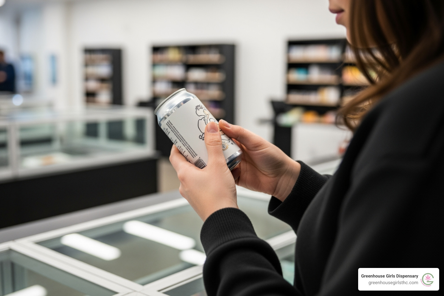 person checking the label on a can of THC beer in a store - thc beer