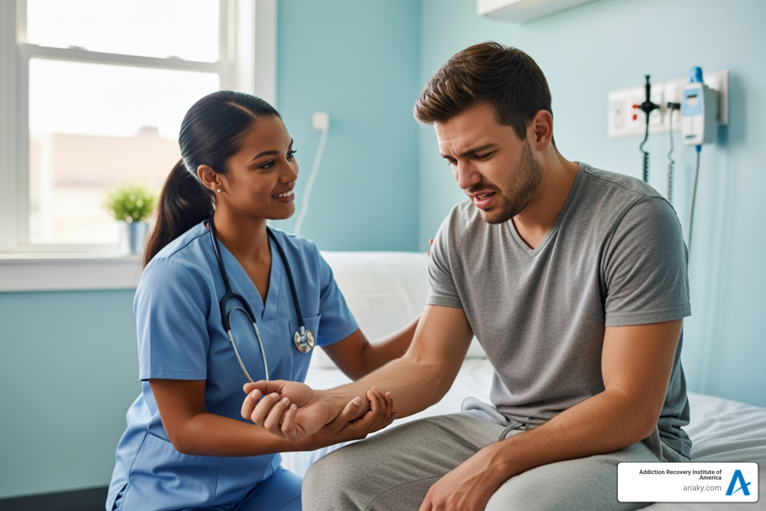 A compassionate medical professional supports a person during detox - Alcohol drug detox A compassionate medical professional supports a person during detox - Alcohol drug detox