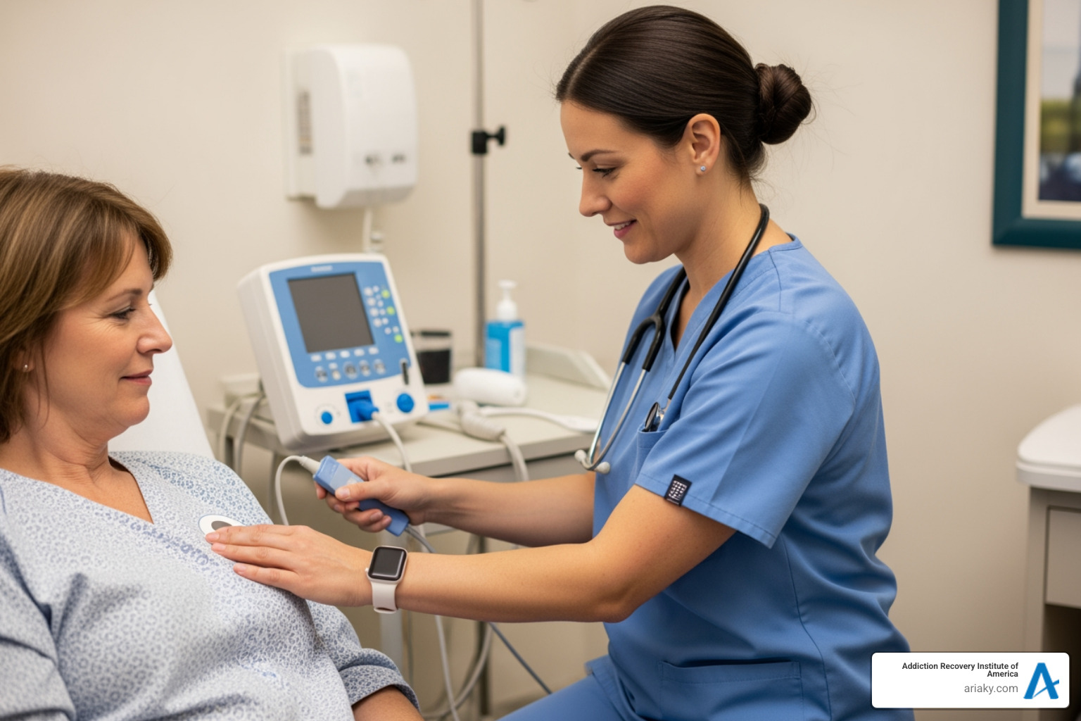 A medical professional monitors a patient's vitals in a calm setting - Alcohol drug detox A medical professional monitors a patient's vitals in a calm setting - Alcohol drug detox