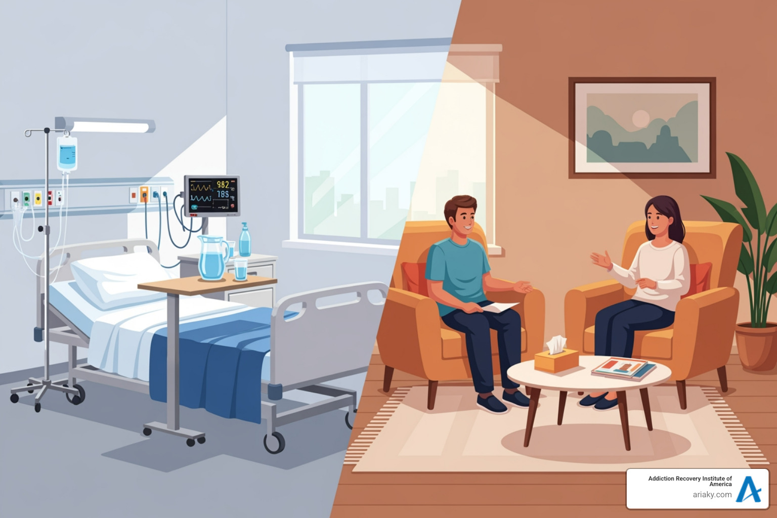 Illustration showing an inpatient room on one side and an outpatient counseling session on the other - Alcohol drug detox Illustration showing an inpatient room on one side and an outpatient counseling session on the other - Alcohol drug detox