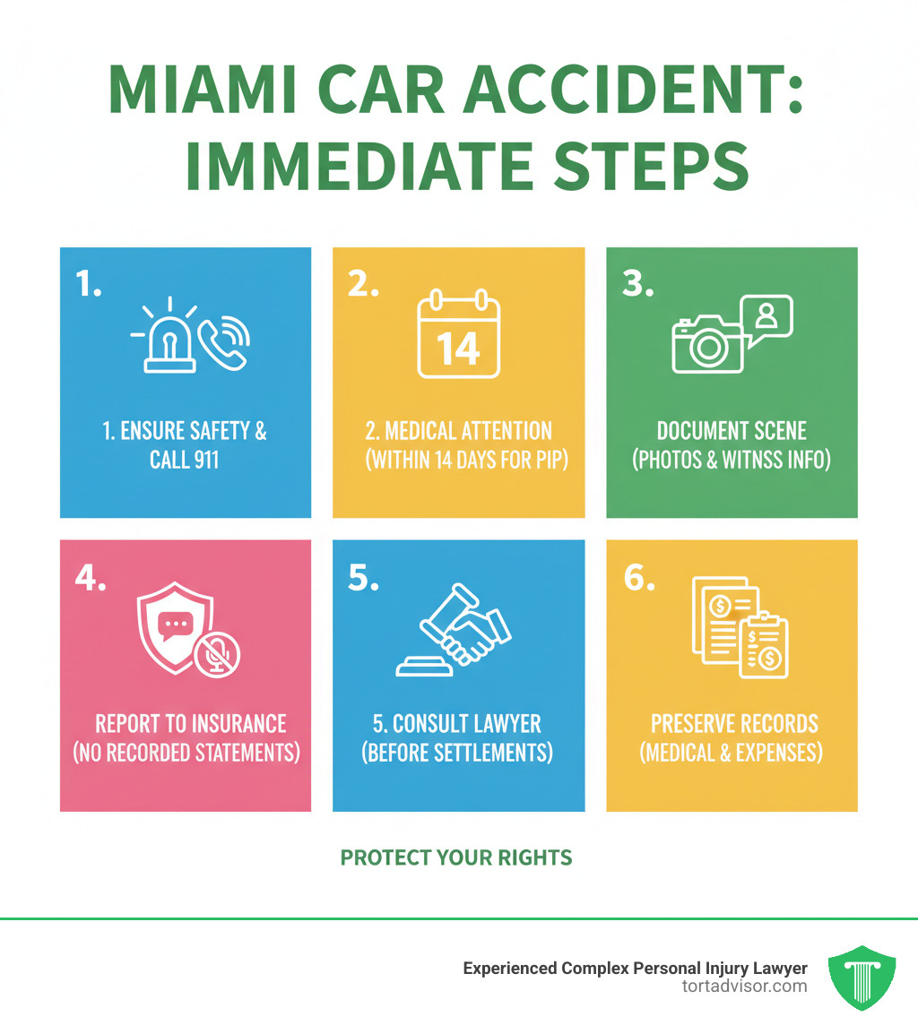 Infographic showing immediate steps after a Miami car accident: 1) Ensure safety and call 911, 2) Seek medical attention within 14 days for PIP coverage, 3) Document scene with photos and witness info, 4) Report to insurance but avoid recorded statements, 5) Consult a car accident lawyer before accepting settlements, 6) Preserve all medical records and expenses - car accident lawyer Miami infographic 