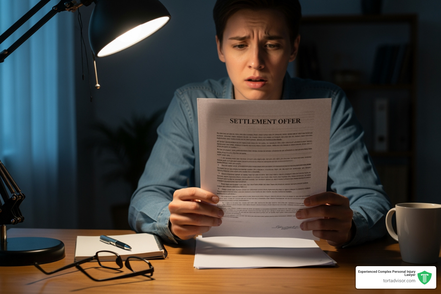 Person reviewing an insurance settlement offer with a frustrated expression - car accident lawsuits Person reviewing an insurance settlement offer with a frustrated expression - car accident lawsuits