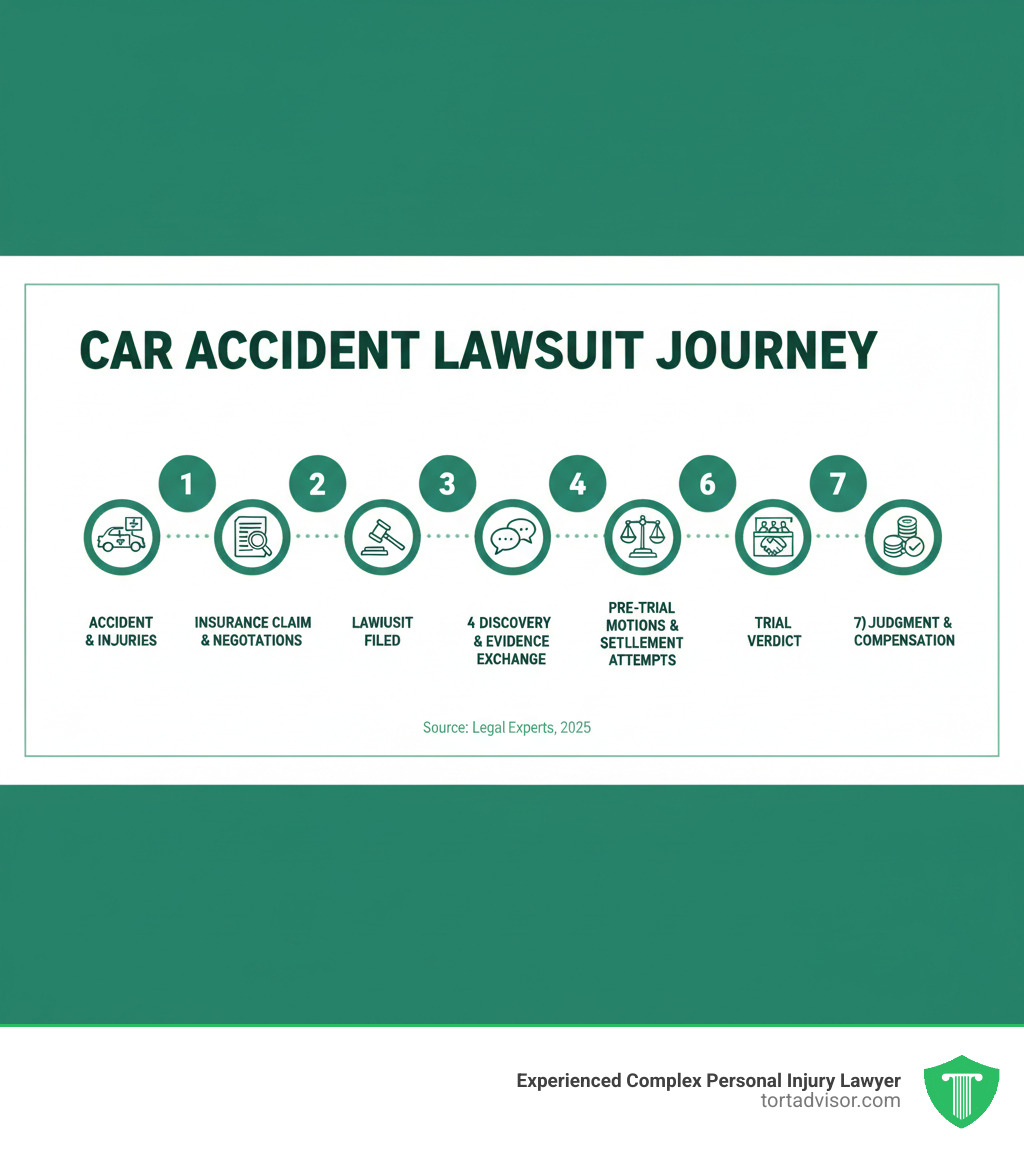 Infographic showing the car accident lawsuit journey: 1) Accident occurs and injuries sustained, 2) Insurance claim filed and negotiations begin, 3) If settlement fails, lawsuit is filed with the court, 4) Discovery phase where evidence is exchanged, 5) Pre-trial motions and final settlement attempts, 6) Trial with jury verdict, 7) Judgment and compensation awarded - car accident lawsuits infographic Infographic showing the car accident lawsuit journey: 1) Accident occurs and injuries sustained, 2) Insurance claim filed and negotiations begin, 3) If settlement fails, lawsuit is filed with the court, 4) Discovery phase where evidence is exchanged, 5) Pre-trial motions and final settlement attempts, 6) Trial with jury verdict, 7) Judgment and compensation awarded - car accident lawsuits infographic