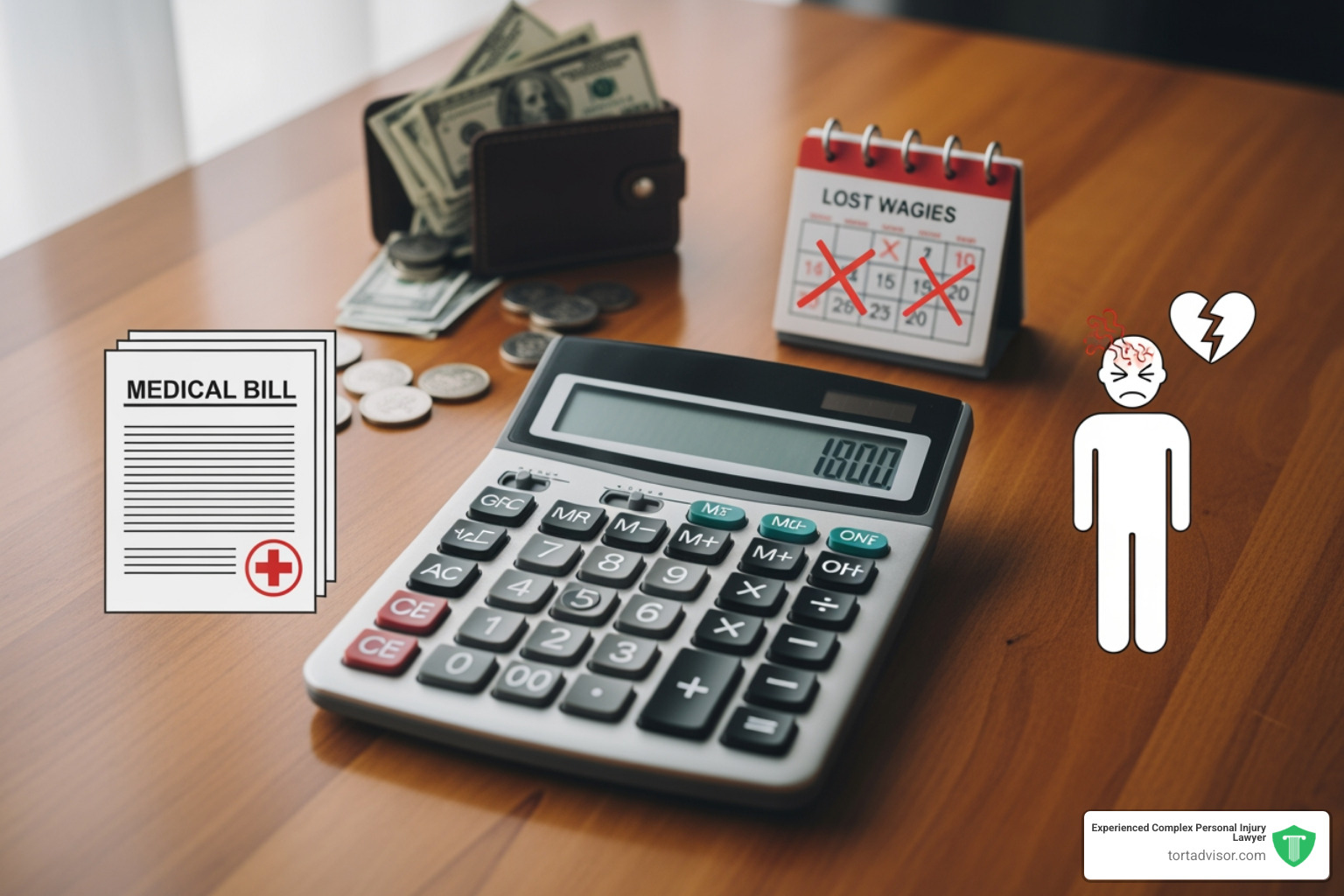 Calculator with icons for medical bills, lost wages, and pain - car accident lawsuits Calculator with icons for medical bills, lost wages, and pain - car accident lawsuits