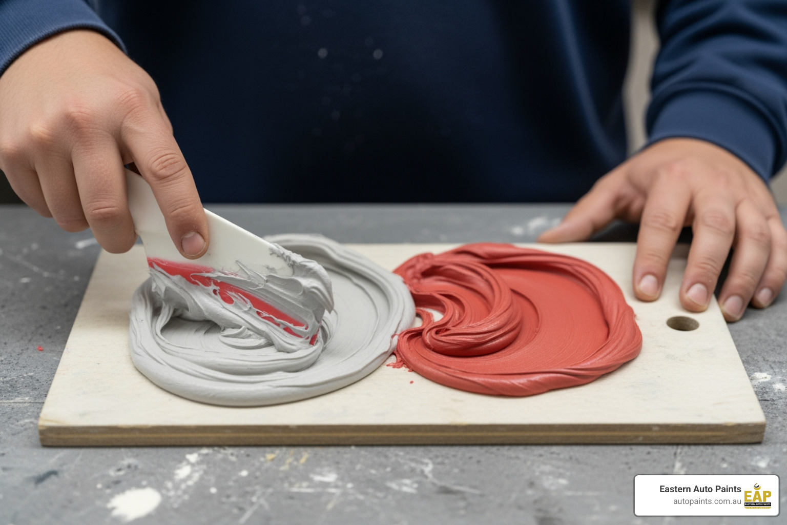Close-up of hands combining the body filler and catalyst to activate the product before vehicle application.