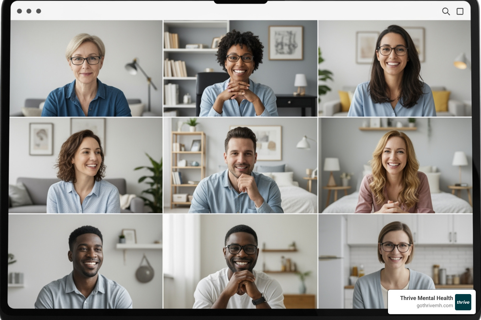 Diverse group of people engaged in a virtual therapy session - find a therapist who understands active vs passive suicidality