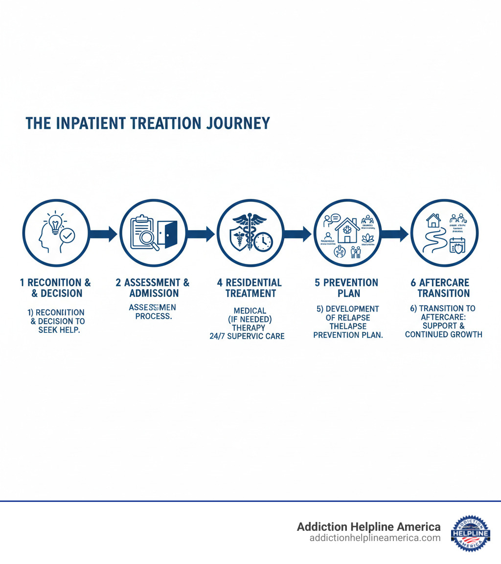 Infographic showing the inpatient addiction treatment journey: 1) Recognition and Decision to Seek Help, 2) Assessment and Admission Process, 3) Medical Detox (if needed) with 24/7 supervision, 4) Residential Treatment Phase including individual therapy, group counseling, family sessions, and holistic therapies, 5) Development of Relapse Prevention Plan, 6) Transition to Aftercare including outpatient programs, sober living, alumni support, and peer groups - inpatient addiction treatment infographic  Infographic showing the inpatient addiction treatment journey: 1) Recognition and Decision to Seek Help, 2) Assessment and Admission Process, 3) Medical Detox (if needed) with 24/7 supervision, 4) Residential Treatment Phase including individual therapy, group counseling, family sessions, and holistic therapies, 5) Development of Relapse Prevention Plan, 6) Transition to Aftercare including outpatient programs, sober living, alumni support, and peer groups - inpatient addiction treatment infographic