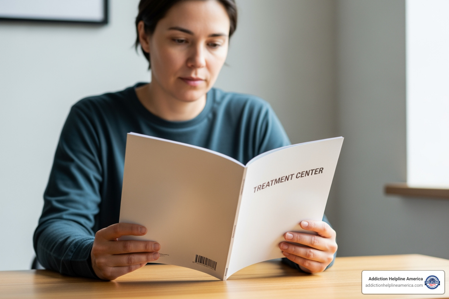 A person reviewing a brochure for a treatment center, looking thoughtful and focused on making an informed decision - inpatient addiction treatment A person reviewing a brochure for a treatment center, looking thoughtful and focused on making an informed decision - inpatient addiction treatment