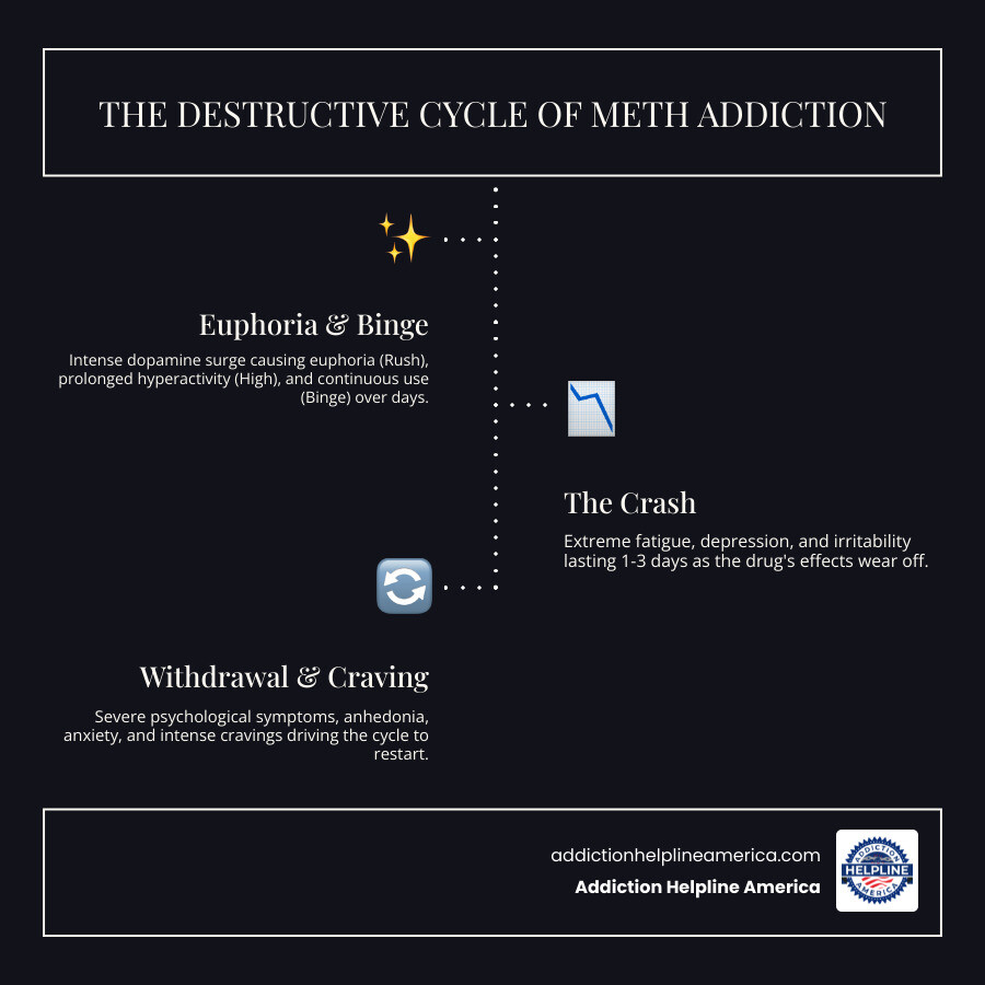 Infographic showing the cycle of meth addiction: 1) Rush - intense euphoria from dopamine surge (5-30 minutes), 2) High - prolonged feeling of invincibility and hyperactivity (4-16 hours), 3) Binge - repeated use to maintain the high over days without sleep or food, 4) Crash - extreme fatigue, depression, and irritability (1-3 days), 5) Withdrawal - severe psychological symptoms including cravings, anhedonia, anxiety (up to 4 weeks), leading back to use and restarting the cycle. Center text reads: Breaking this cycle requires professional treatment and support. - meth addiction recovery infographic infographic-line-3-steps-dark