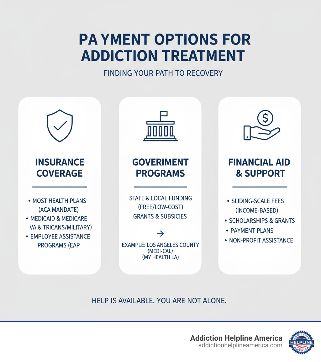 Infographic showing various payment options for addiction treatment, including insurance, government programs, and financial aid. - meth addiction recovery infographic 