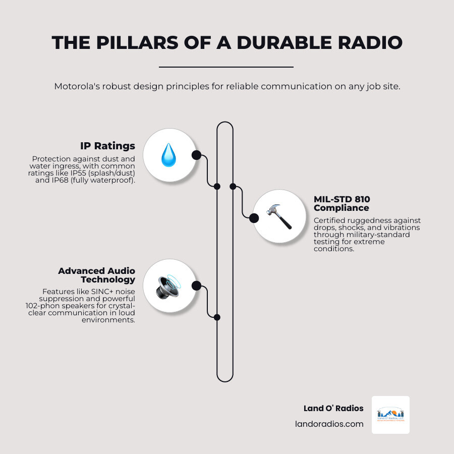 Infographic showing three pillars of durable radios: IP Ratings (dust and water protection with IP55 and IP68 examples), MIL-STD 810 Compliance (drop testing and shock resistance certification), and Advanced Audio Technology (noise suppression and high-volume speakers up to 102 phons for clear communication in noisy construction environments) - motorola durable radio infographic infographic-line-3-steps-elegant_beige