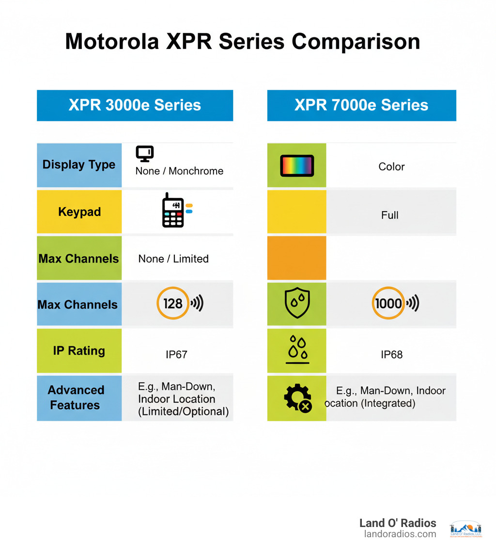 TABLE comparing the XPR 3000e and XPR 7000e series on key specifications: Display Type (None/Monochrome vs. Color), Keypad (None/Limited vs. Full), Max Channels (128 vs. 1000), IP Rating (IP67 vs. IP68), and Advanced Features (e.g., Man-Down, Indoor Location). - Motorola XPR series infographic 