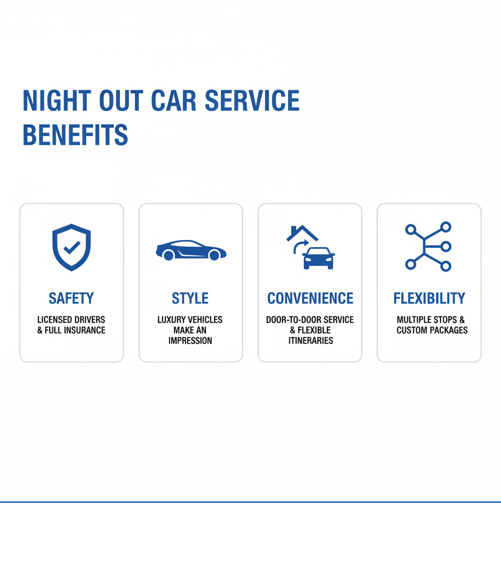 Infographic showing four key benefits of night out car service: Safety with professional licensed drivers and full insurance coverage; Style with luxury vehicles that make an impression; Convenience with door-to-door service and flexible itineraries; and Flexibility with multiple stops and custom packages for any occasion - Night out car service infographic 