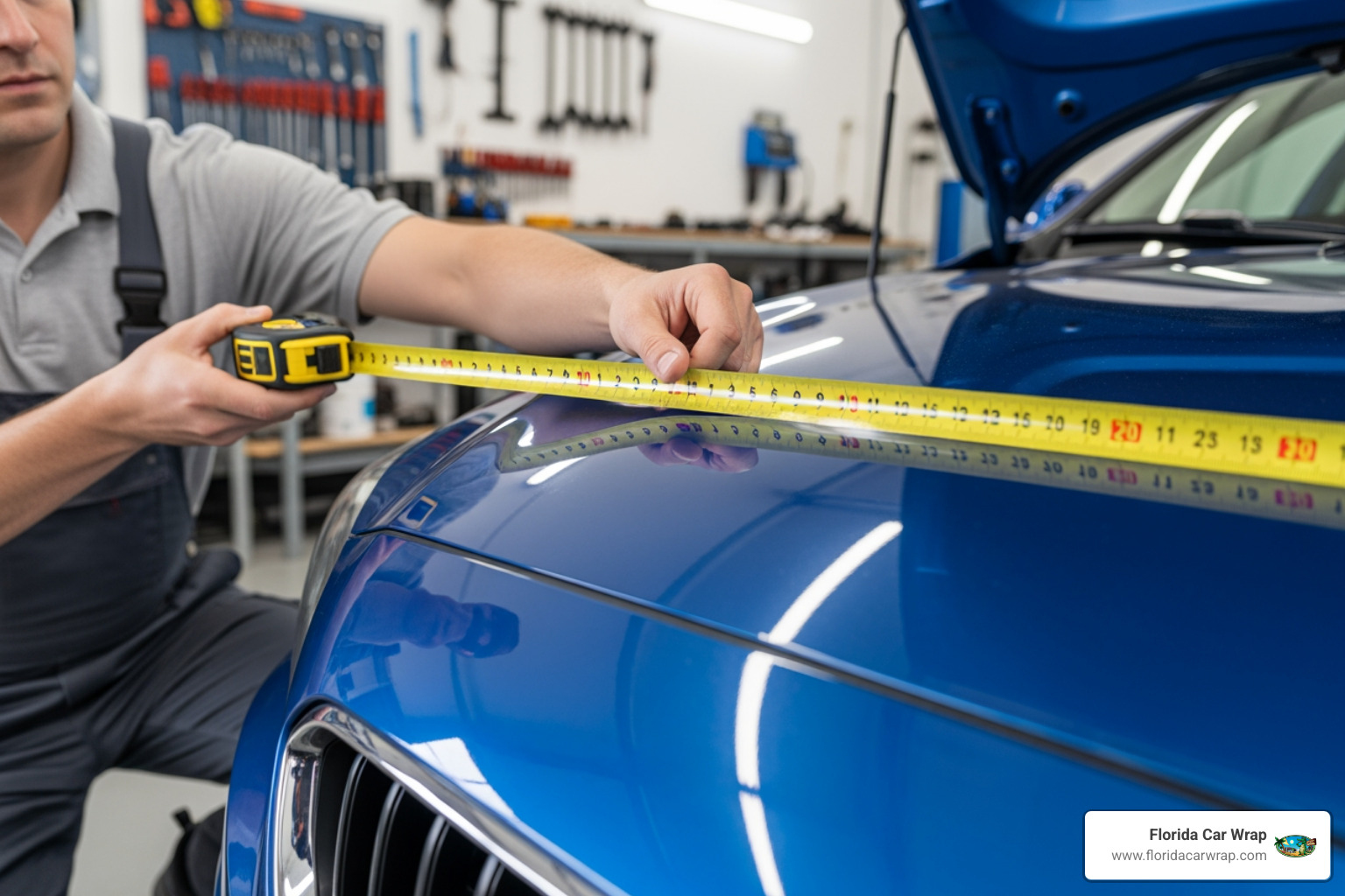 Person measuring a car's hood with a flexible tape measure - car wrap pricing calculator Person measuring a car's hood with a flexible tape measure - car wrap pricing calculator