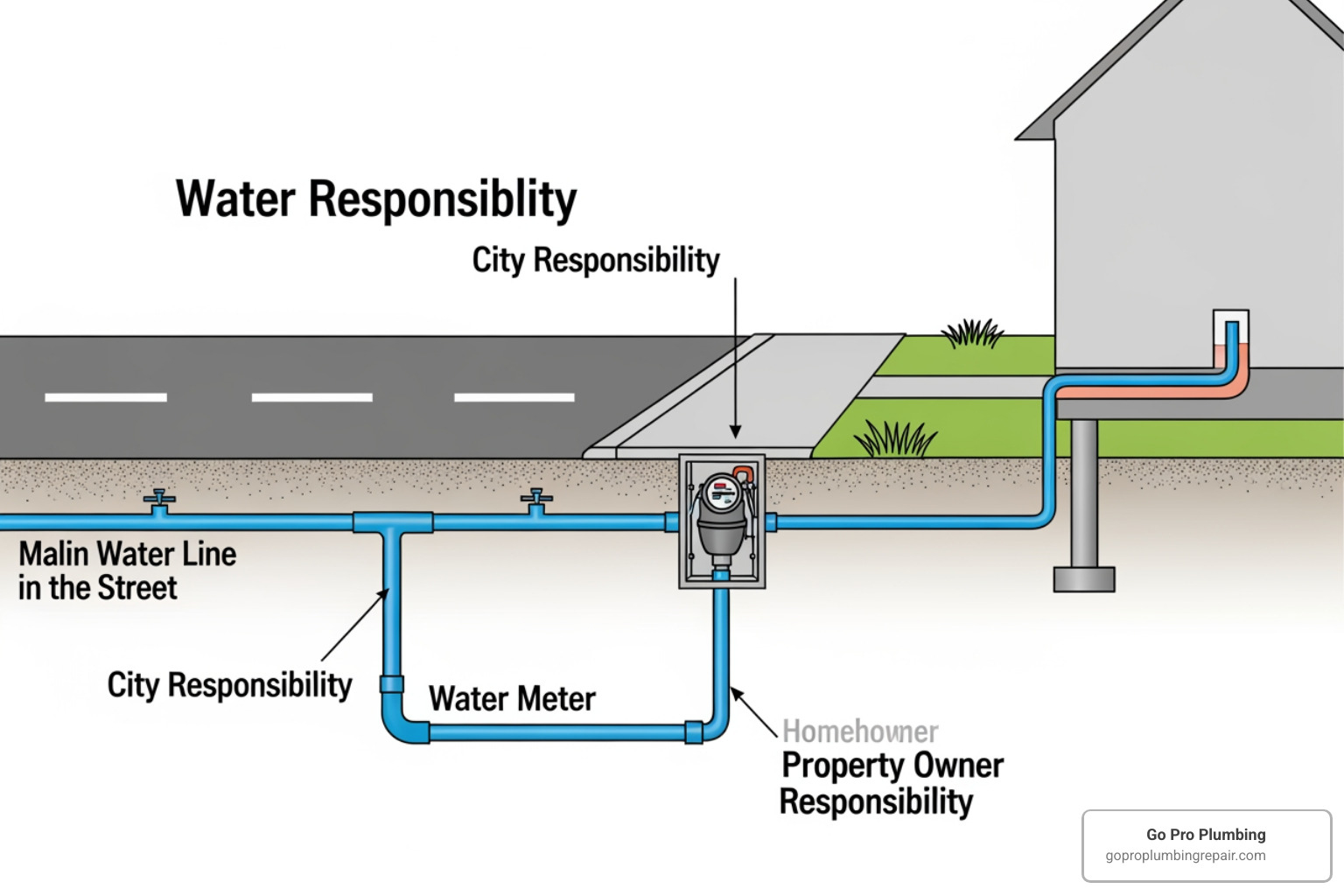 Diagram showing water meter, street-side pipe (city responsibility), and house-side pipe (homeowner responsibility) - Sacramento water line repair