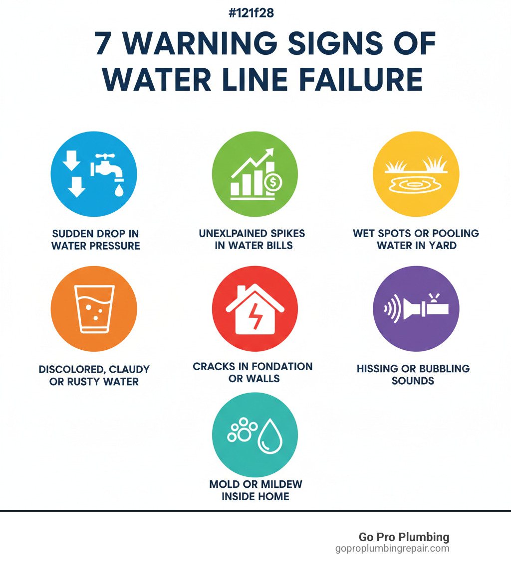 Infographic showing 7 warning signs of water line failure: 1. Sudden drop in water pressure throughout the home, 2. Unexplained spikes in water bills, 3. Persistent wet spots or pooling water in yard, 4. Discolored, cloudy, or rusty water from taps, 5. Visible cracks in foundation or walls, 6. Hissing or bubbling sounds from pipes or ground, 7. Presence of mold or mildew inside the home - Sacramento water line repair infographic 