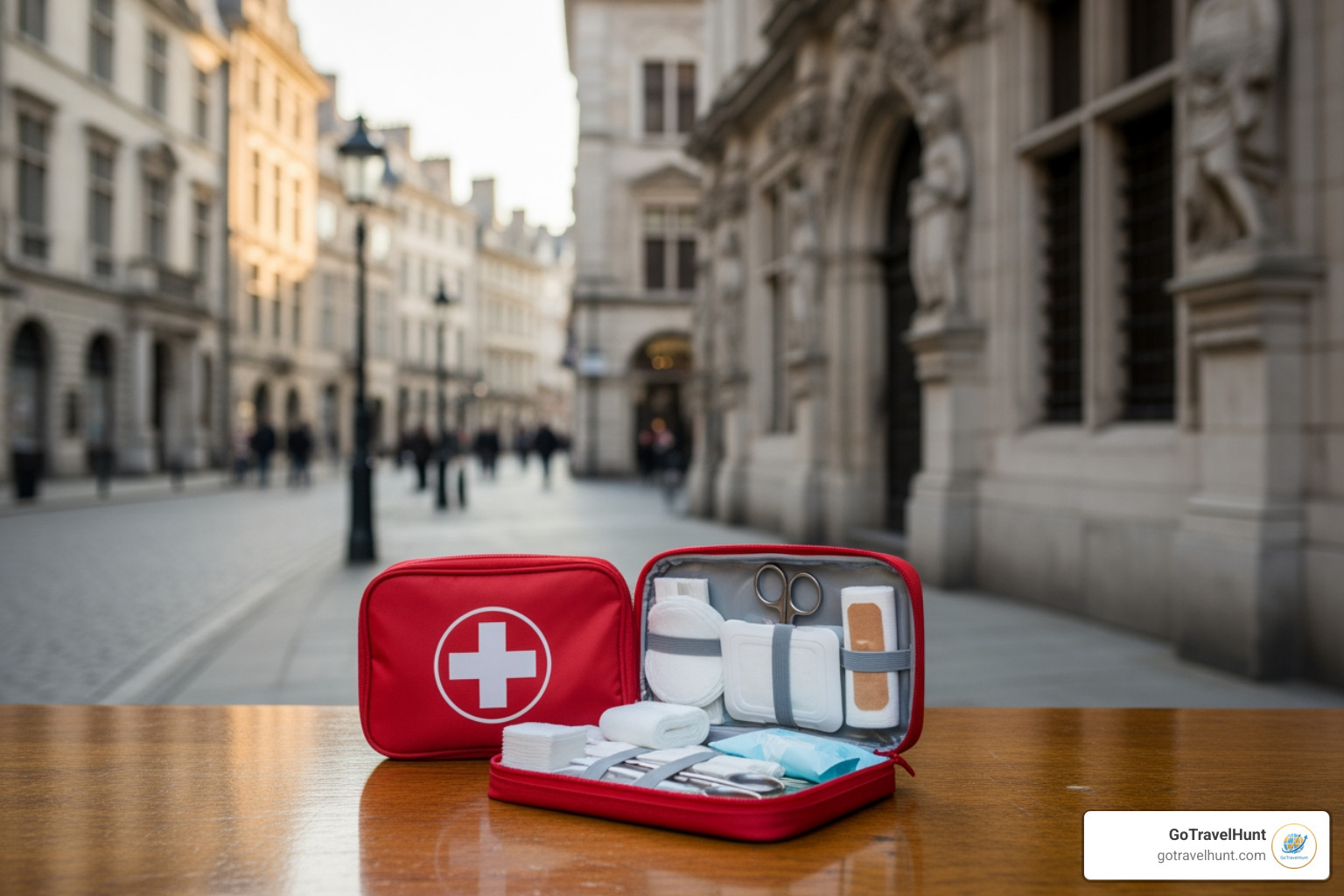 first-aid kit against a backdrop of a European city - 30000 euro travel insurance cost