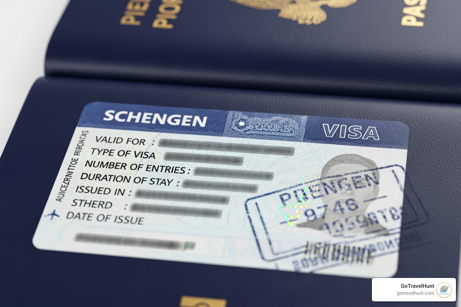 Schengen visa sticker in a passport - 30000 euro travel insurance cost