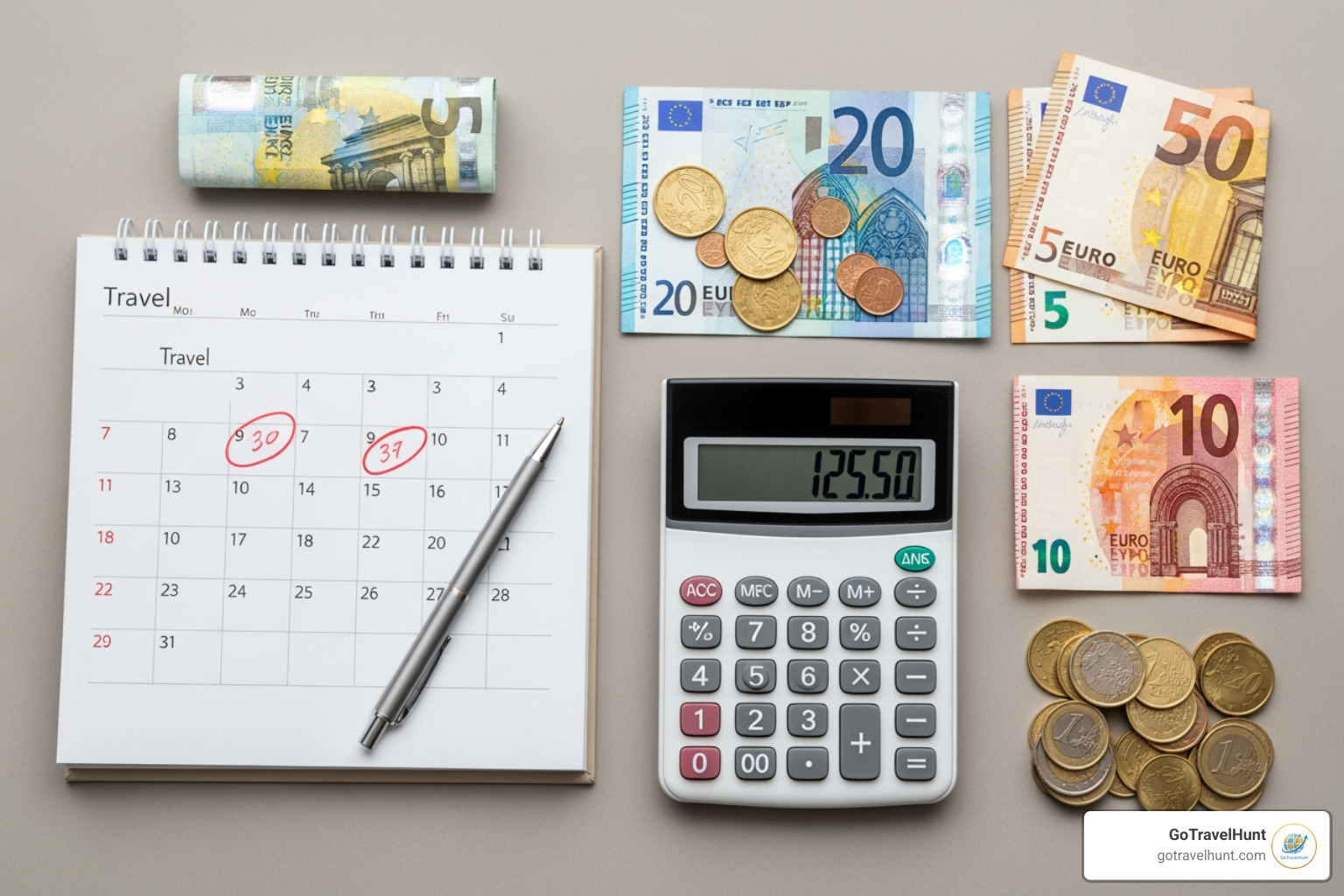 calculator with euro symbols and calendar - 30000 euro travel insurance cost