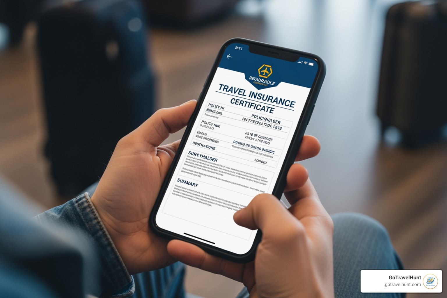 person holding a smartphone displaying an insurance certificate - 30000 euro travel insurance cost