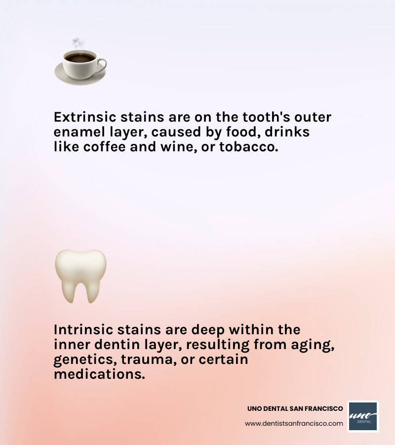 Infographic showing the difference between surface stains (extrinsic stains from coffee, tea, wine, and tobacco on the outer enamel layer) and intrinsic stains (discoloration within the inner dentin layer of the tooth), with a cross-section diagram of a tooth illustrating both types of staining and how peroxide-based whitening agents work by oxidizing stain molecules through the enamel - diy teeth whitening gel for trays infographic 2_facts_emoji_light-gradient Infographic showing the difference between surface stains (extrinsic stains from coffee, tea, wine, and tobacco on the outer enamel layer) and intrinsic stains (discoloration within the inner dentin layer of the tooth), with a cross-section diagram of a tooth illustrating both types of staining and how peroxide-based whitening agents work by oxidizing stain molecules through the enamel - diy teeth whitening gel for trays infographic 2_facts_emoji_light-gradient