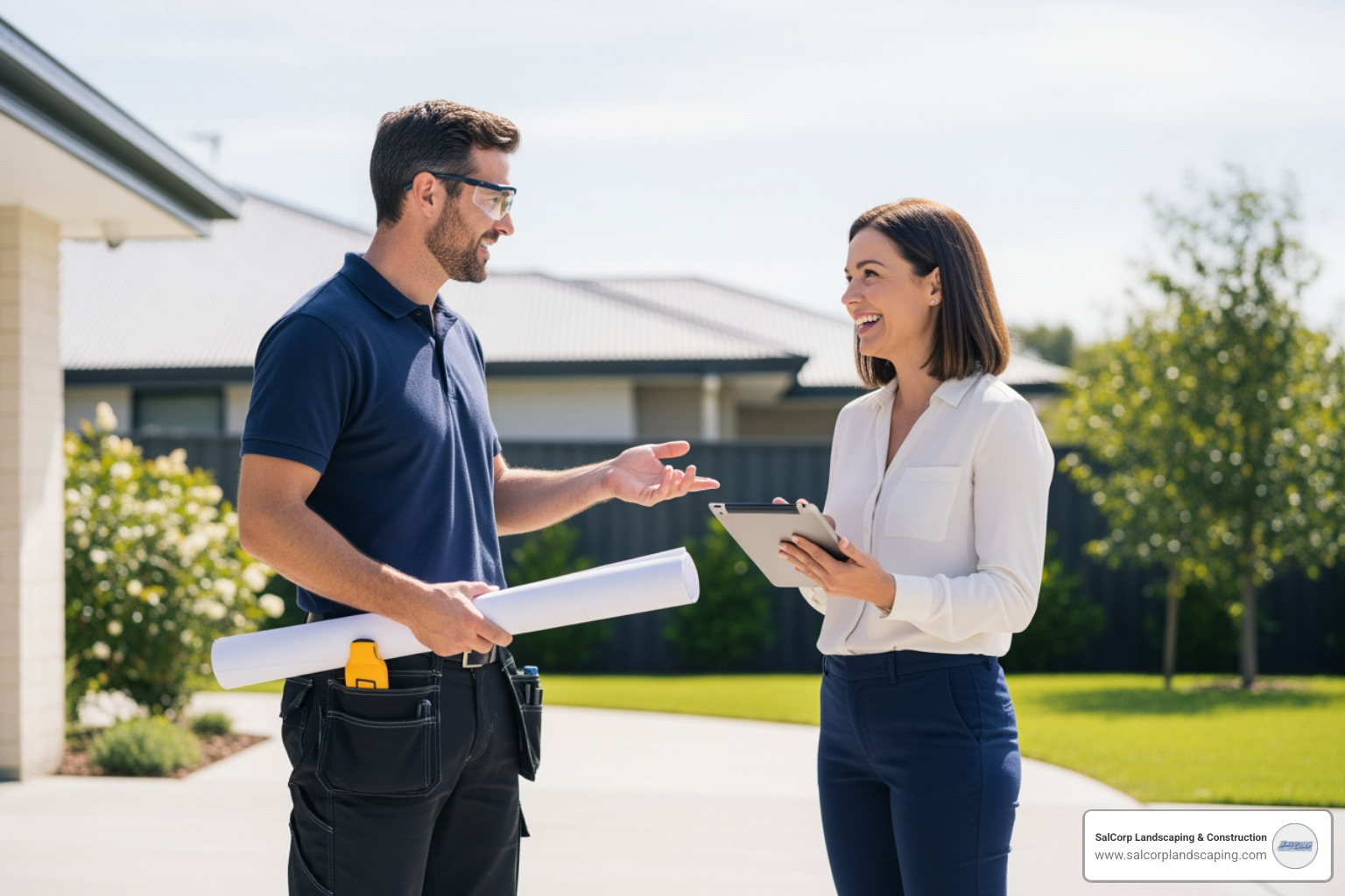 friendly professional contractor discussing plans with homeowner - concrete driveway Lakeville