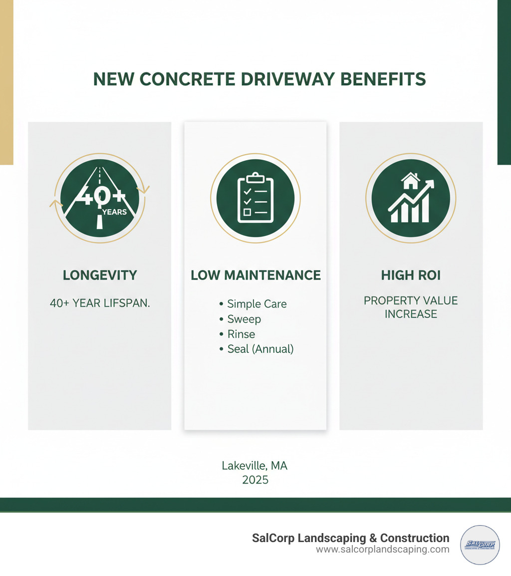 Infographic showing the three key benefits of a new concrete driveway: Longevity with a 40+ year lifespan icon, Low Maintenance with a simple care checklist icon, and High ROI with an upward trending property value graph - concrete driveway Lakeville infographic 