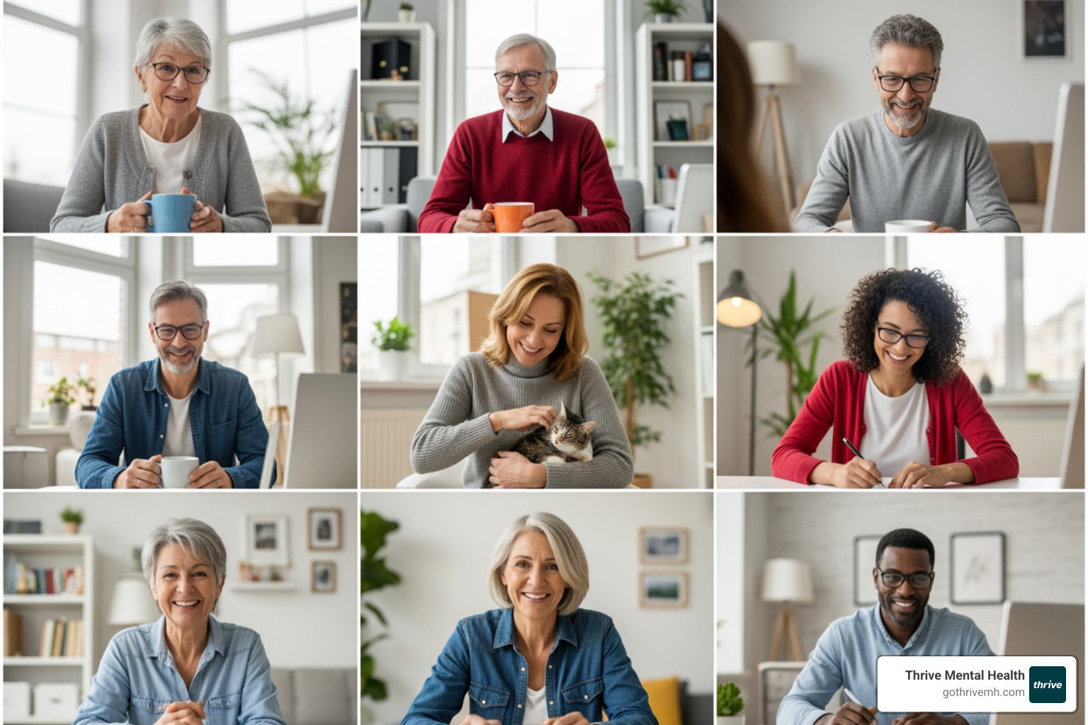 A diverse group of individuals engaged in a supportive and engaging virtual group therapy session, each in their own home environment - virtual wellness programs