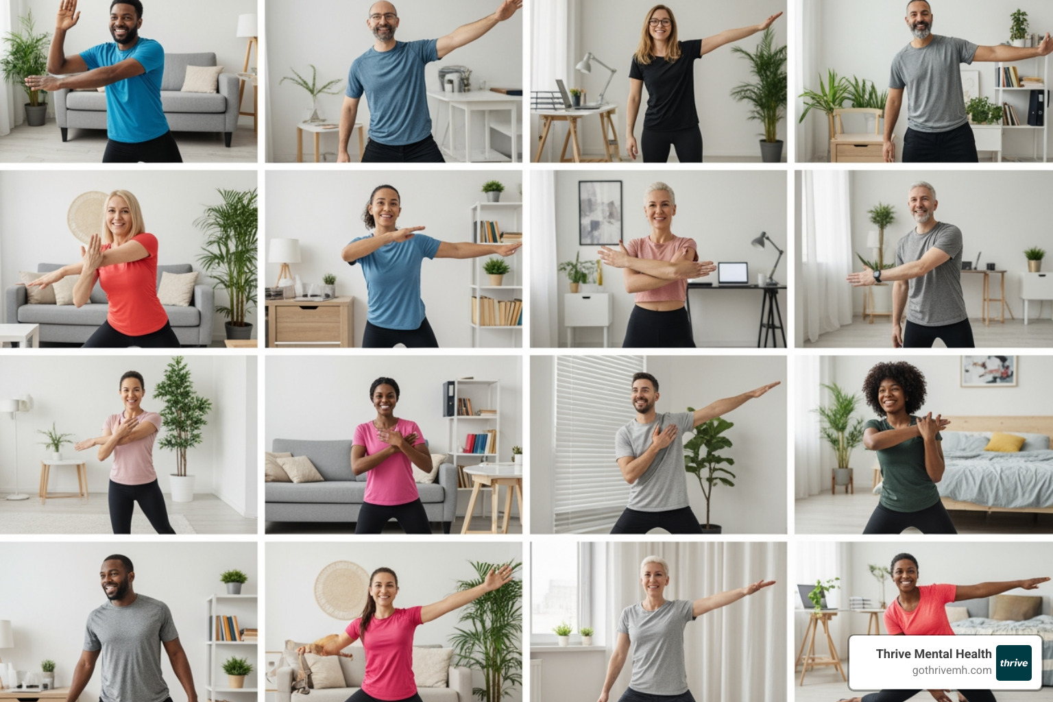 A diverse group of employees in a grid view enthusiastically participating in a virtual fitness class, smiling and stretching in their home environments - virtual wellness programs