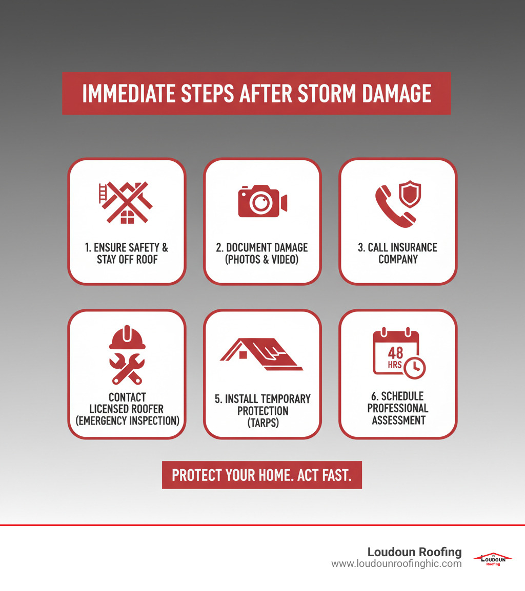 infographic showing immediate steps after storm damage: 1. ensure safety and stay off roof, 2. document damage with photos and video, 3. call insurance company, 4. contact licensed roofer for emergency inspection, 5. install temporary protection like tarps, 6. schedule professional assessment within 48 hours - storm damage roof repair leesburg va infographic 