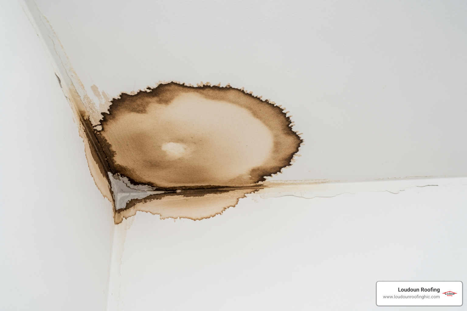 water stain on a ceiling, indicating a roof leak - storm damage roof repair leesburg va