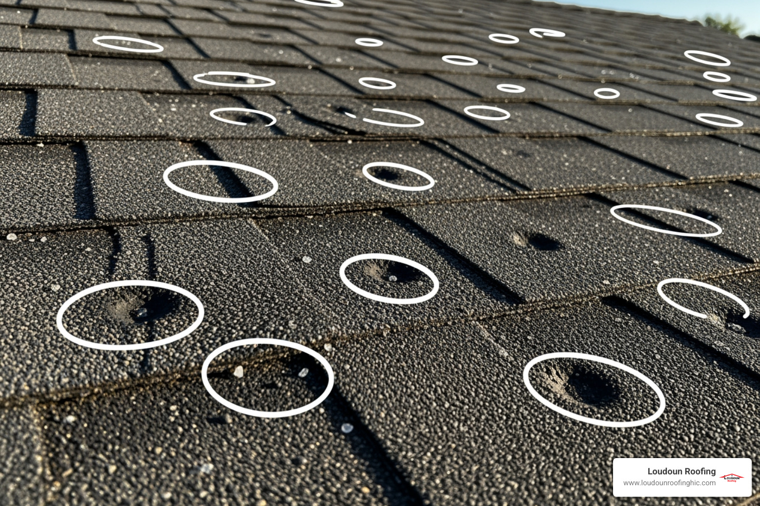 hail-damaged asphalt shingles with circles highlighting the impact marks - storm damage roof repair leesburg va