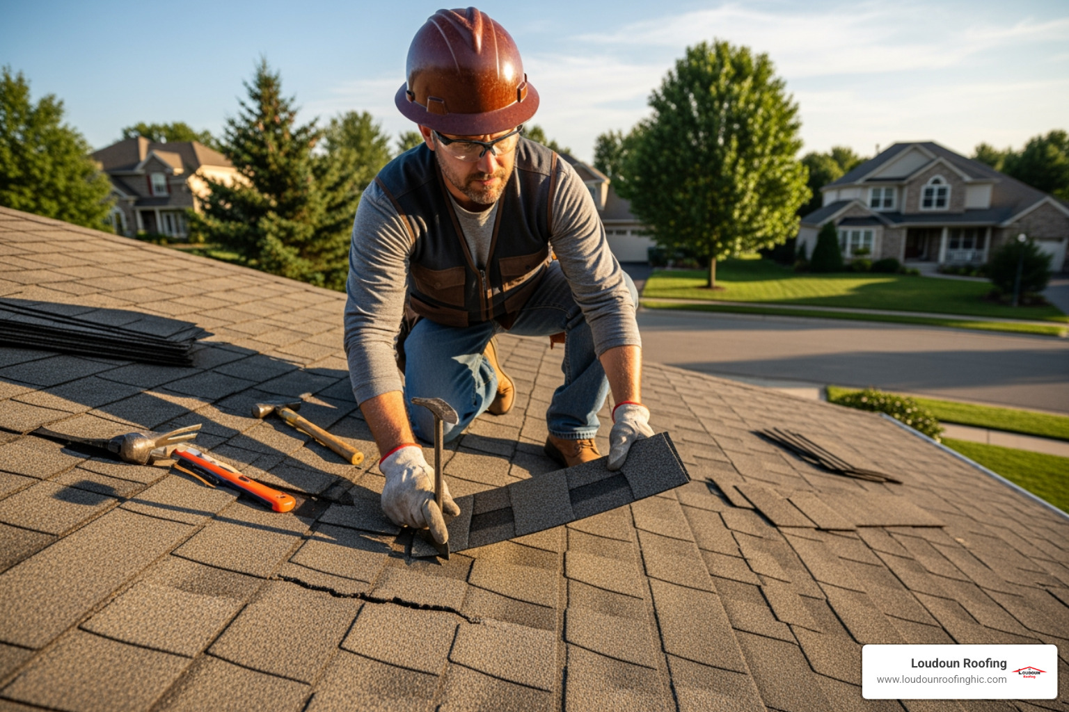 professional roofer replacing a damaged shingle on a residential roof - storm damage roof repair leesburg va