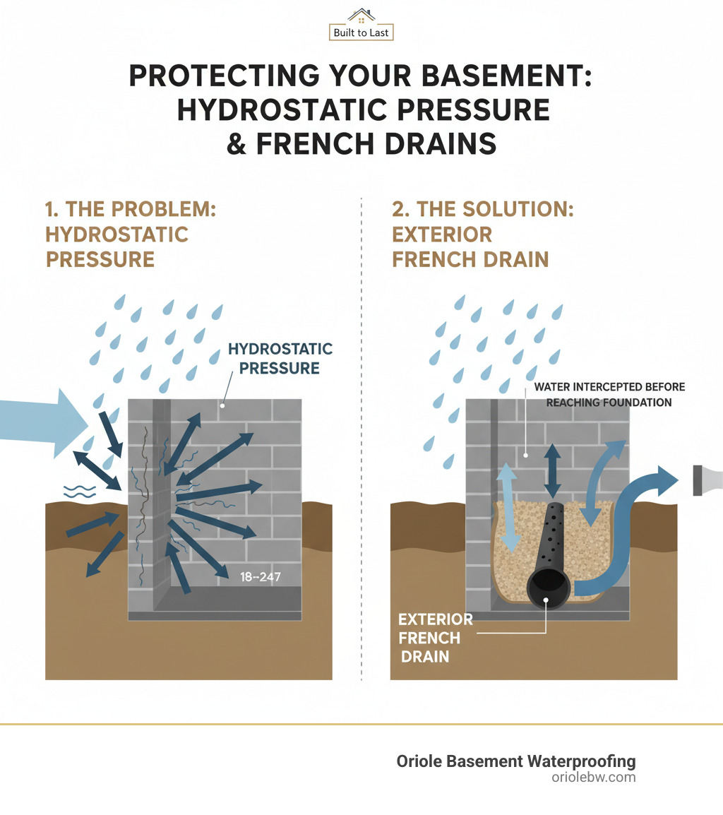 Infographic showing how hydrostatic pressure builds up against a basement foundation wall, with arrows indicating water movement through soil, and how an exterior French drain intercepts and redirects that water away from the foundation before it can penetrate the walls - french drain outside infographic Infographic showing how hydrostatic pressure builds up against a basement foundation wall, with arrows indicating water movement through soil, and how an exterior French drain intercepts and redirects that water away from the foundation before it can penetrate the walls - french drain outside infographic