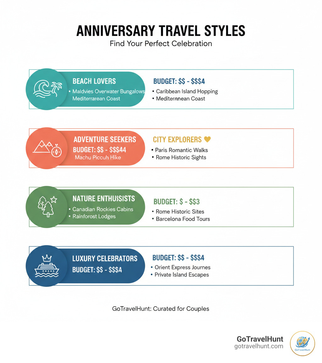 infographic showing different anniversary trip styles with budget ranges and ideal destinations - anniversary ideas travel infographic infographic showing different anniversary trip styles with budget ranges and ideal destinations - anniversary ideas travel infographic
