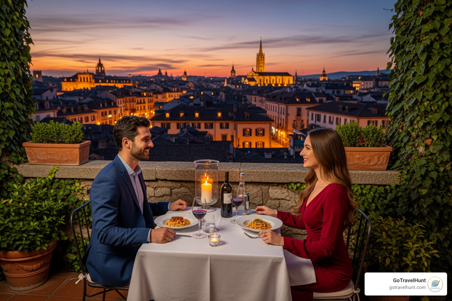 couple enjoying a romantic dinner in a European city - anniversary ideas travel couple enjoying a romantic dinner in a European city - anniversary ideas travel