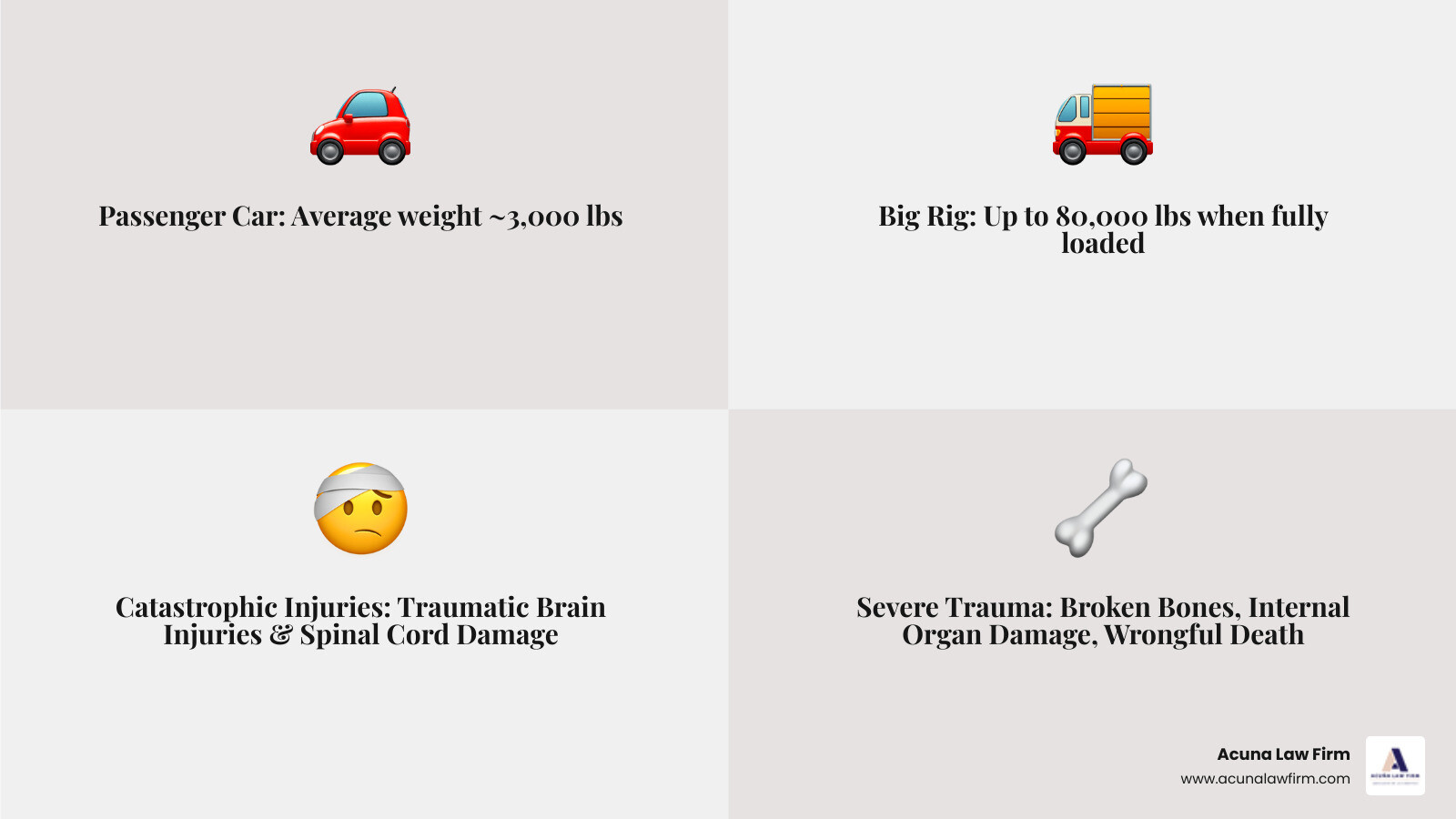 infographic showing a passenger vehicle at 3000 lbs versus a fully loaded big rig at 80000 lbs with visual scale comparison and common injury types listed below including traumatic brain injuries spinal cord injuries broken bones and internal organ damage - big rig accident lawyer near me infographic 4_facts_emoji_grey
