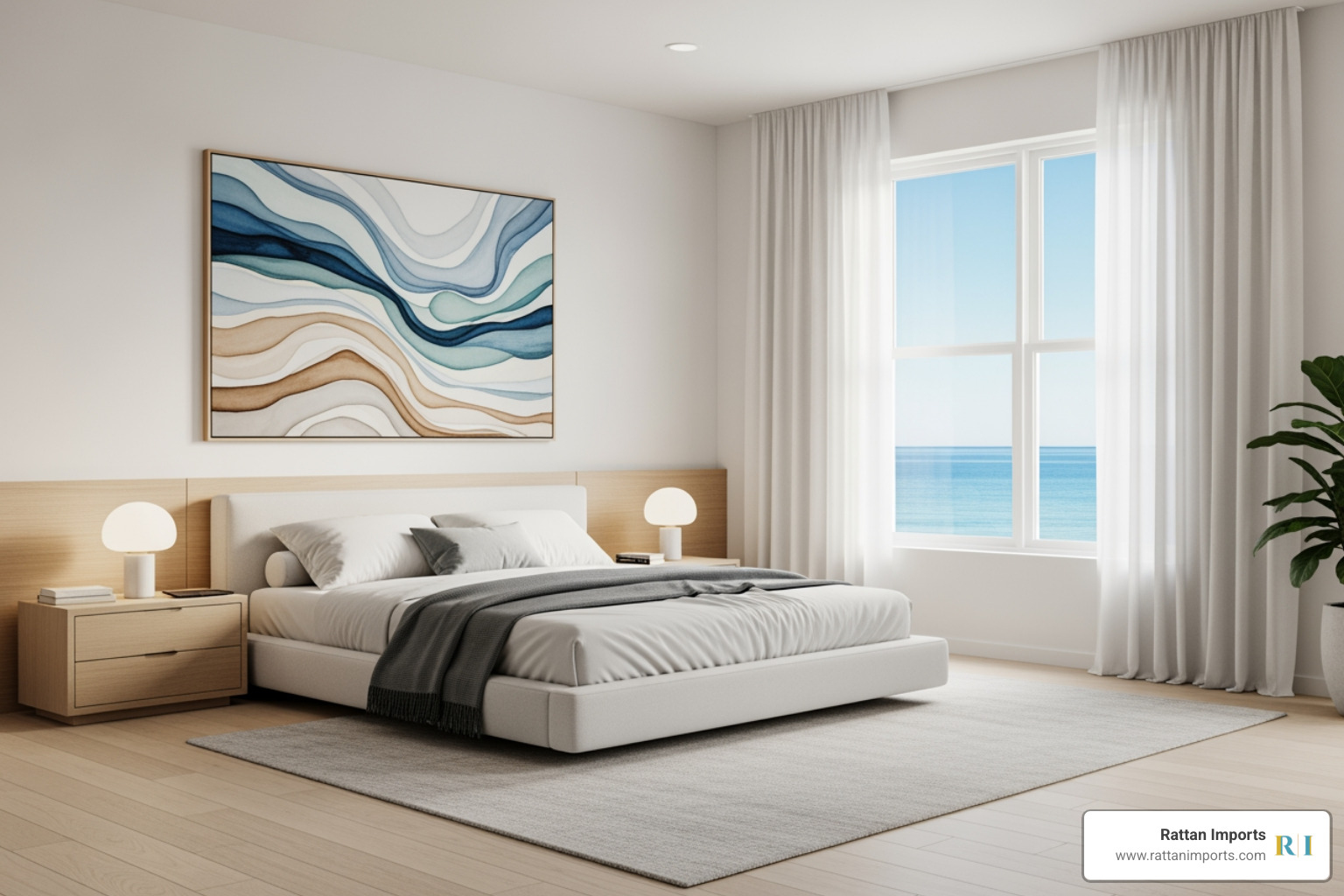 modern coastal bedroom with clean lines, a neutral palette, and a single large piece of abstract art - coastal bedroom furniture modern coastal bedroom with clean lines, a neutral palette, and a single large piece of abstract art - coastal bedroom furniture