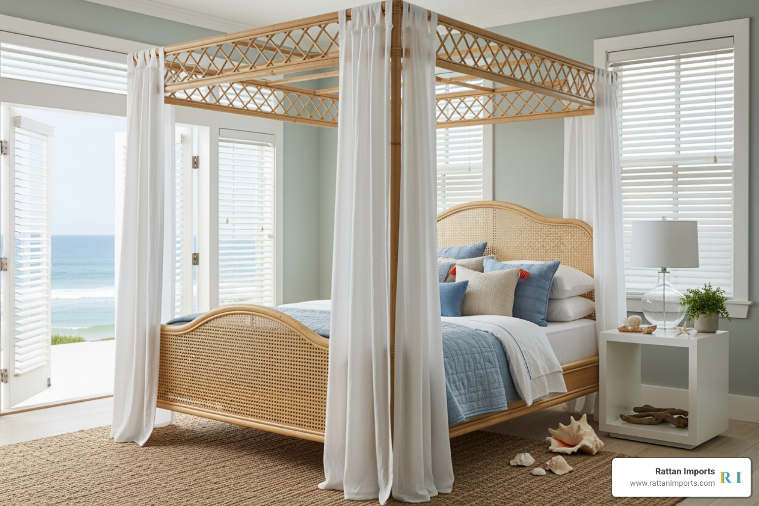 statement-making cane canopy bed in a coastal bedroom - coastal bedroom furniture statement-making cane canopy bed in a coastal bedroom - coastal bedroom furniture