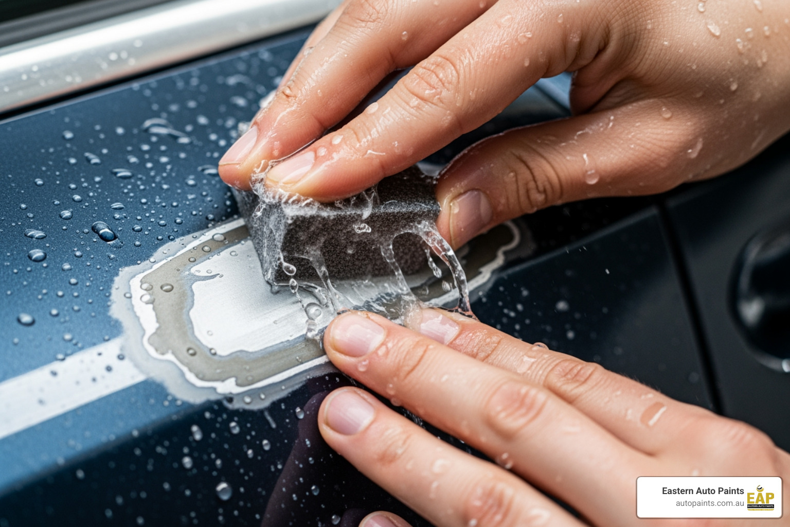 Wet sanding a repair patch on a dark blue vehicle panel before applying the touch up paint spray can.