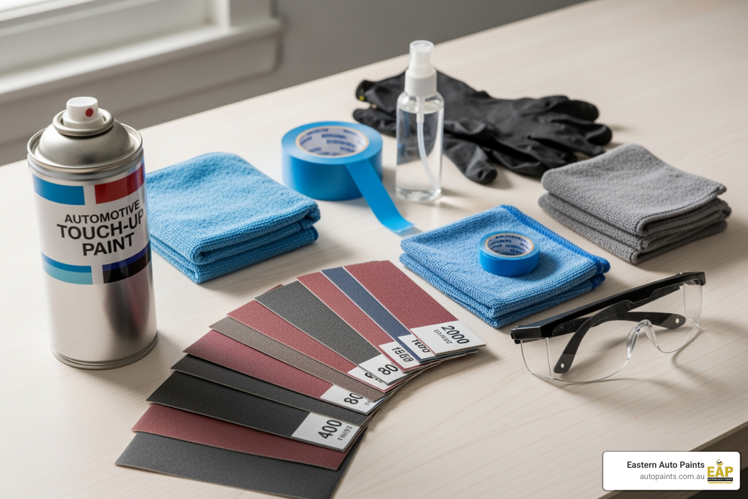 All equipment, including sanding paper and towels, needed to use a touch up paint spray can for car repair.