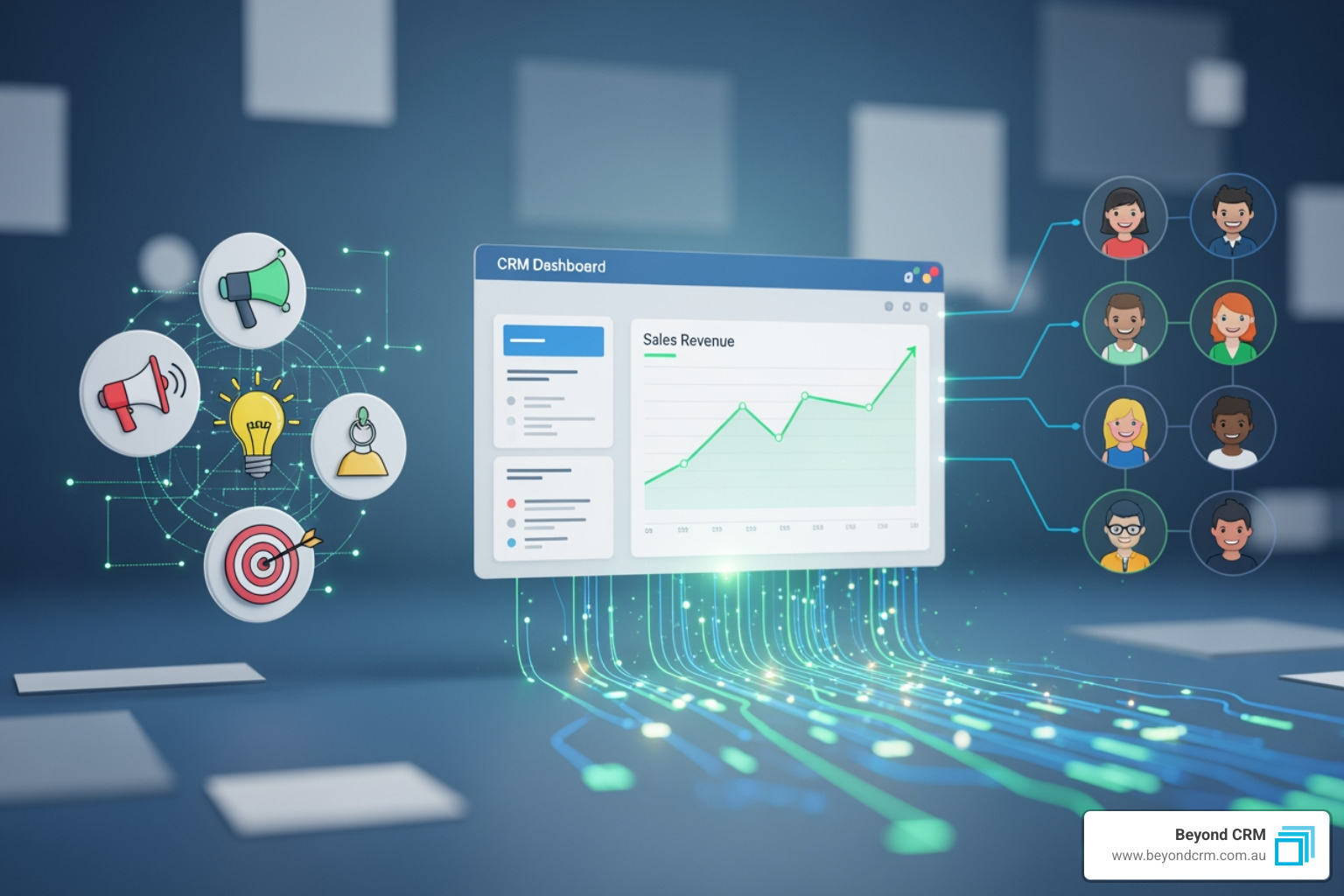 Illustration of a CRM dashboard showing sales revenue trends with interconnected icons representing marketing, ideas, notifications, and targets. Illustration of a CRM dashboard showing sales revenue trends with interconnected icons representing marketing, ideas, notifications, and targets.