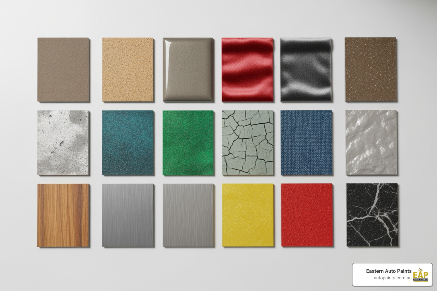 Swatch board displaying eighteen diverse textures and colours available within the Dulux Elements range of finishes.