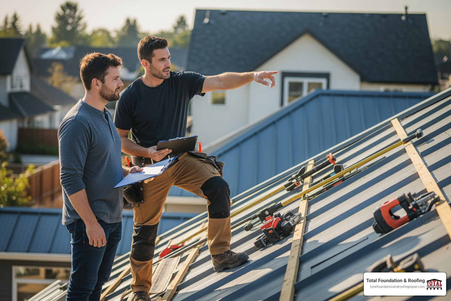 A homeowner and a professional roofer on a rooftop, discussing the metal roof installation process, with the roofer pointing to a section of the roof and holding a clipboard. - professional metal roofers