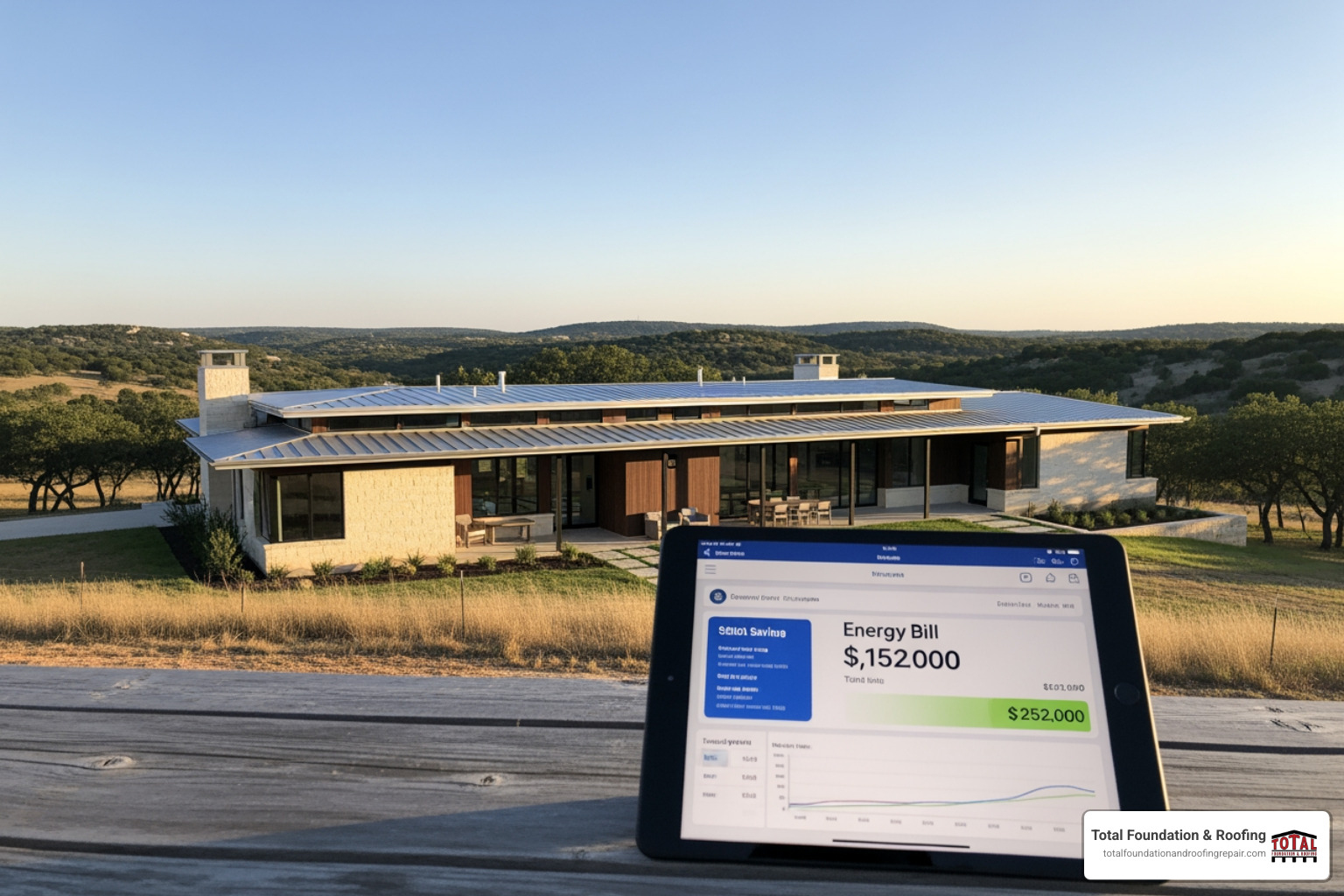 A home in the Texas Hill Country with a modern metal roof, showcasing a tablet displaying a lower energy bill, symbolizing energy efficiency and cost savings. - professional metal roofers