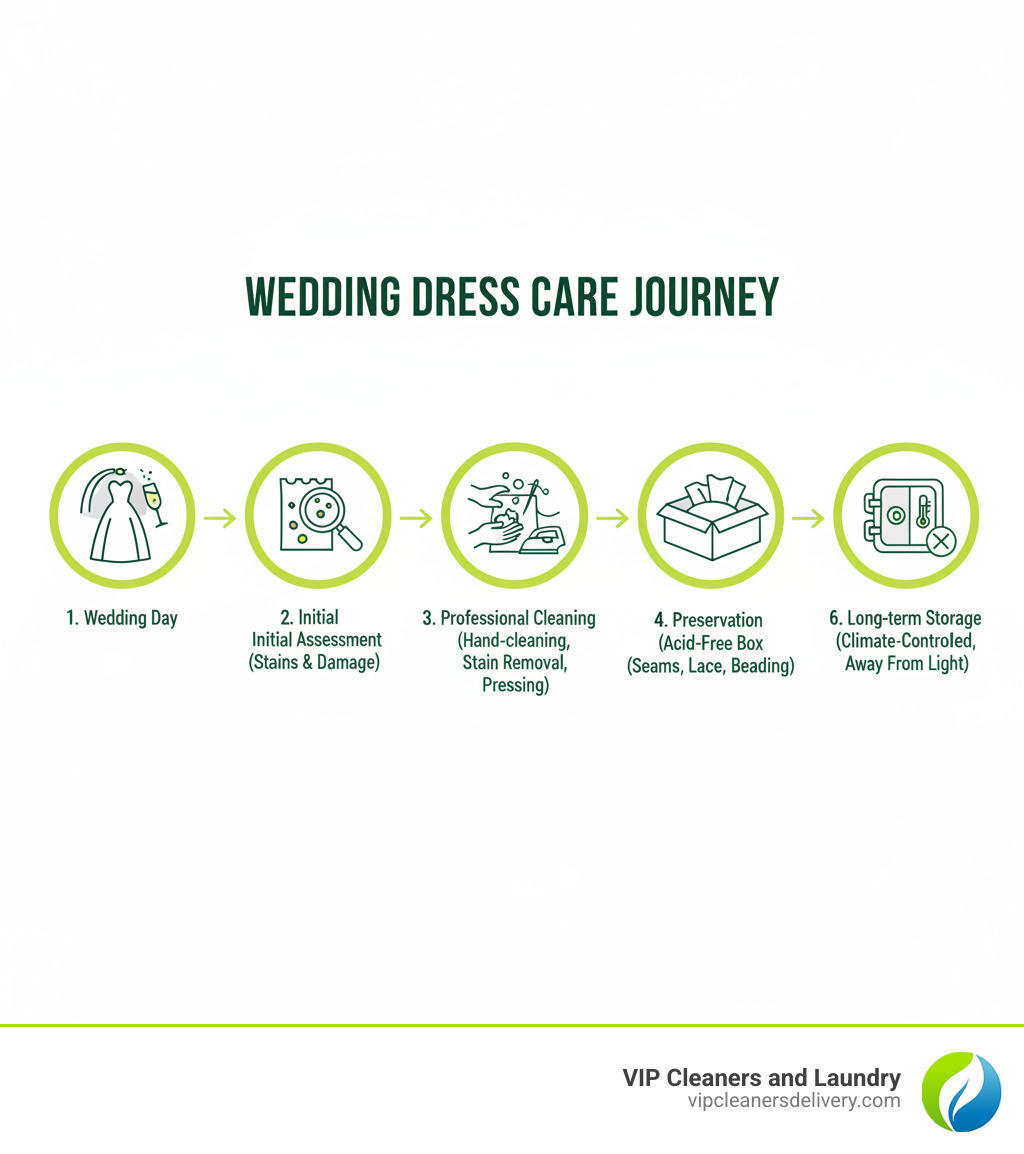 Infographic showing the wedding dress care journey: Wedding Day → Initial Assessment (identify stains and damage) → Professional Cleaning (hand-cleaning, stain removal, pressing) → Repairs (fix seams, lace, beading) → Preservation (acid-free box with tissue) → Long-term Storage (climate-controlled, away from light) - wedding dress repair and cleaning infographic 