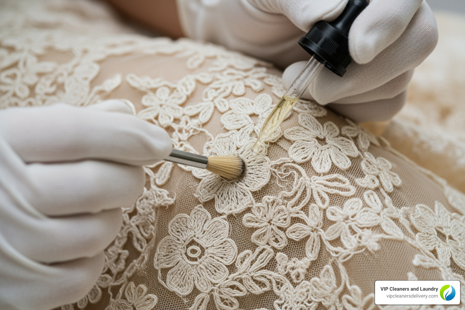 A specialist carefully hand-cleaning a delicate lace section of a wedding dress - wedding dress repair and cleaning