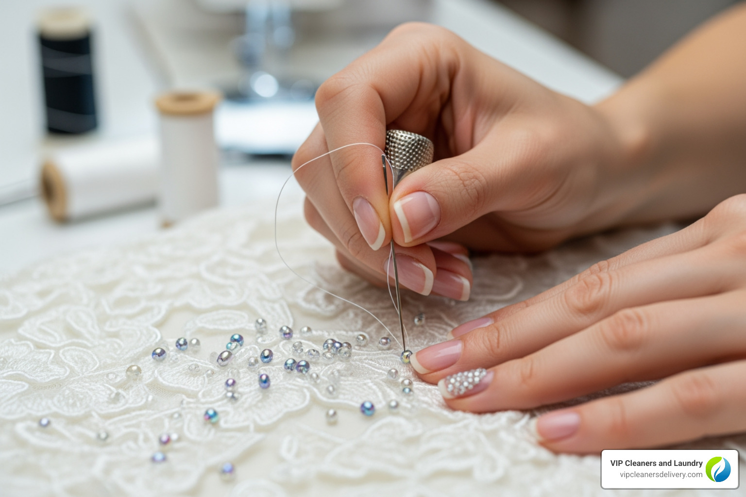 A seamstress carefully re-attaching beads to a wedding dress bodice - wedding dress repair and cleaning